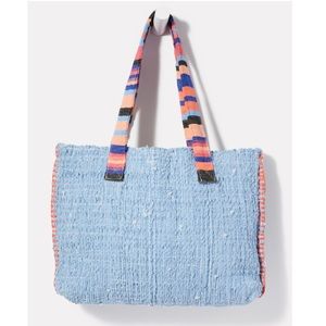 NWT, EVEREVE Mercado Global Patricia Interwoven Blue Denim Tote, Colorful Strap